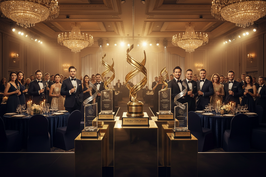 Premium crystal trophies and recognition awards on display for a corporate gala event organized by Meru Trophy professionals.