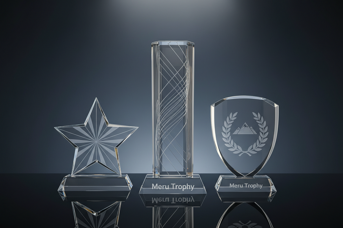Close-up of a beautifully designed glass trophy showcasing intricate details and custom engraving, perfect for corporate awards and recognition ceremonies by Meru Trophy.