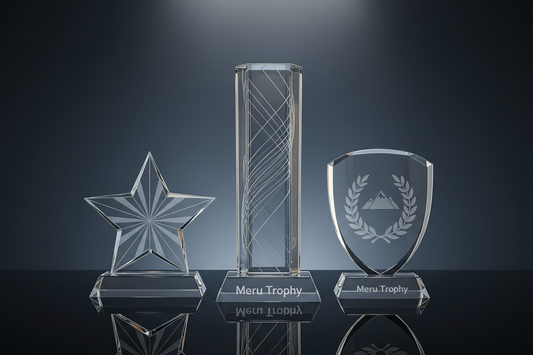 Close-up of a beautifully designed glass trophy showcasing intricate details and custom engraving, perfect for corporate awards and recognition ceremonies by Meru Trophy.
