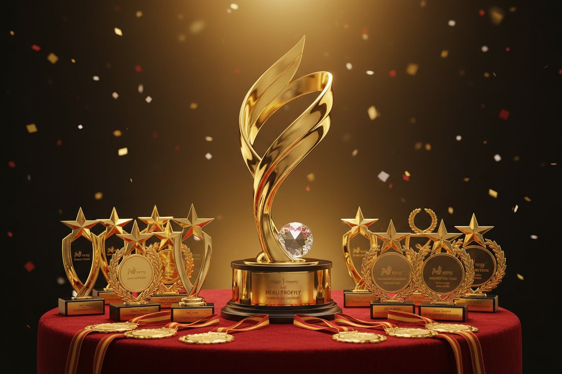 Beautiful gold finish trophies for winners featuring premium crystal awards and custom trophy designs for excellence.