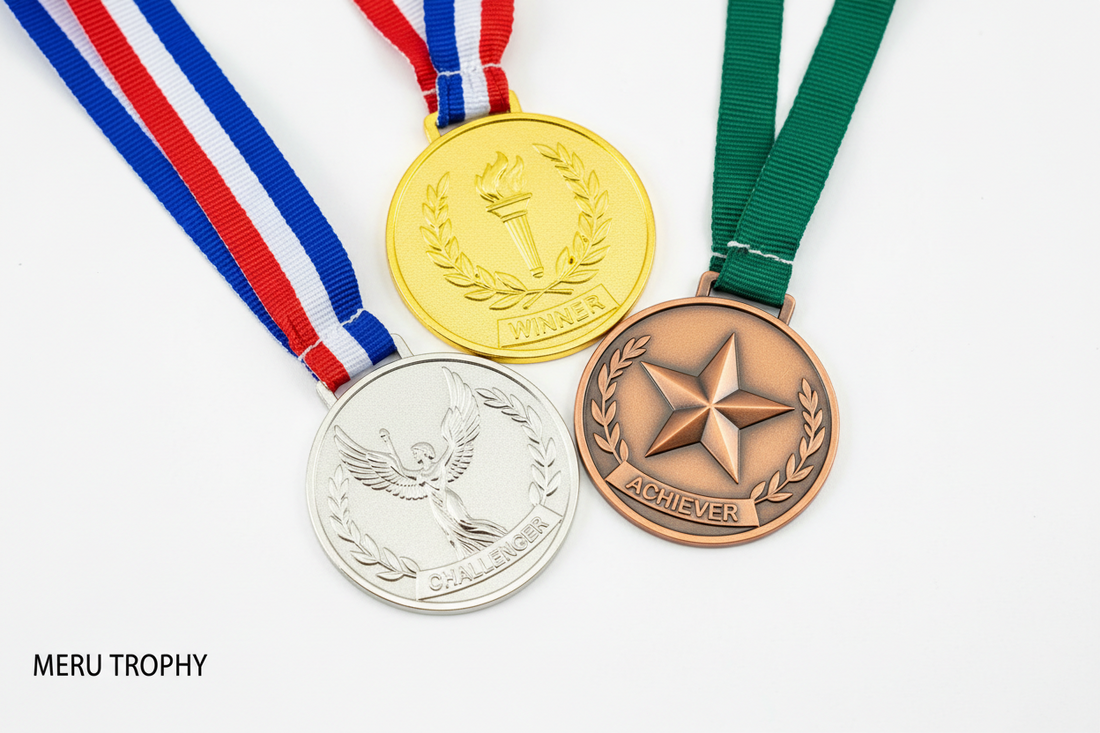 Gold silver and bronze medals for sports awards provided by Meru Trophy for high-quality recognition.