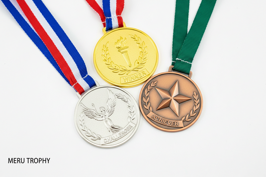Gold silver and bronze medals for sports awards provided by Meru Trophy for high-quality recognition.