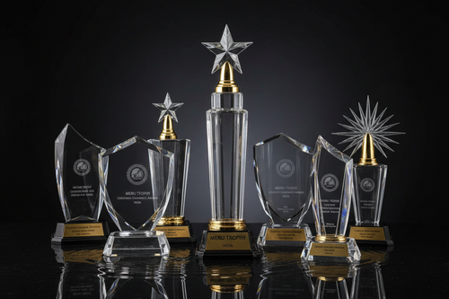 High-quality crystal trophy and custom recognition awards for corporate events by Meru Trophy manufacturer in India.