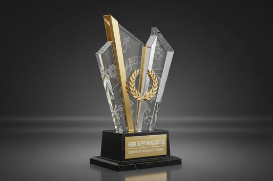 High quality custom acrylic trophy design for corporate awards and sports recognition by Meru Trophy manufacturer.