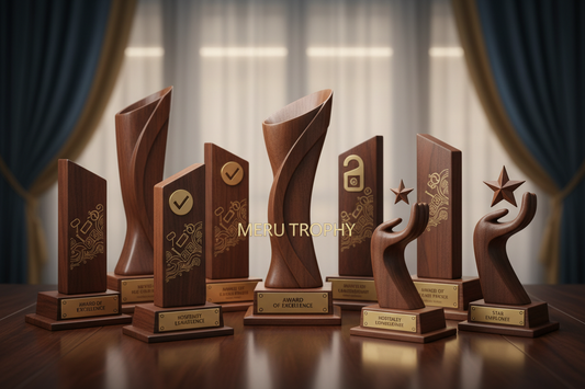 Professional wooden mementos and trophies used for hospitality industry employee recognition awards at Meru Trophy India.