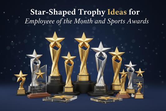 Elegant star-shaped crystal trophy awarded to an employee of the month, showcasing Meru Trophy's commitment to quality recognition awards and personalized trophies.