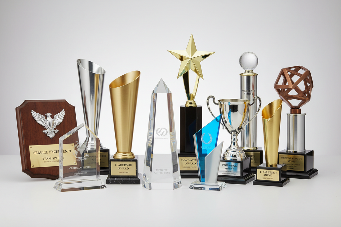 Top 10 corporate trophy ideas employee recognition India 2026 crystal wooden metal awards Meru India buy now online