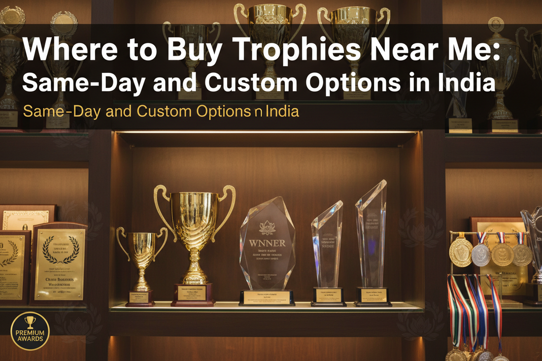 Close-up of a gleaming crystal trophy with engraved text, showcasing the quality and craftsmanship of custom awards and trophies offered by Meru Trophy.