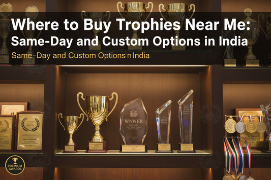 Close-up of a gleaming crystal trophy with engraved text, showcasing the quality and craftsmanship of custom awards and trophies offered by Meru Trophy.