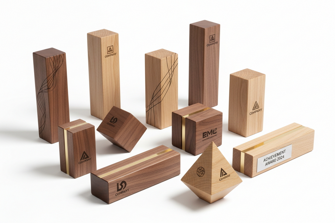 Wooden mementos startups modern minimalist design natural wood engraved awards India Meru Trophy India buy now