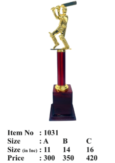 Trophy with gold figure on a red base, item number 1031, various sizes and prices listed.
