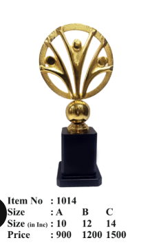 Gold and black trophy with decorative top on a white background