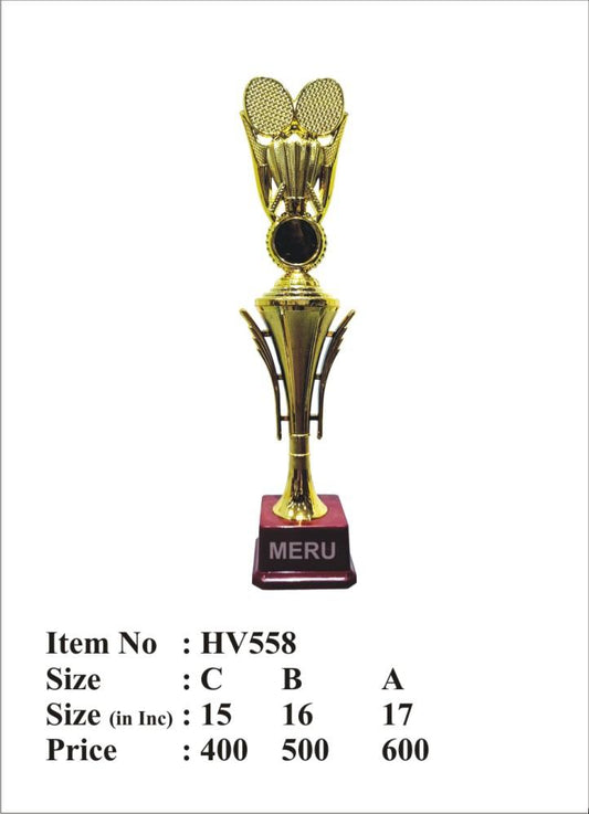 Gold Fibre-Trophy with crossed badminton and tennis rackets