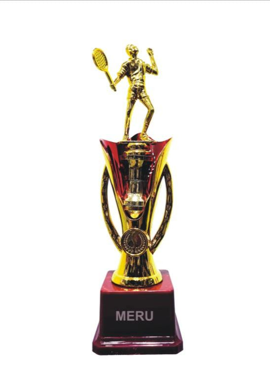 Gold badminton player trophy with burgundy base.