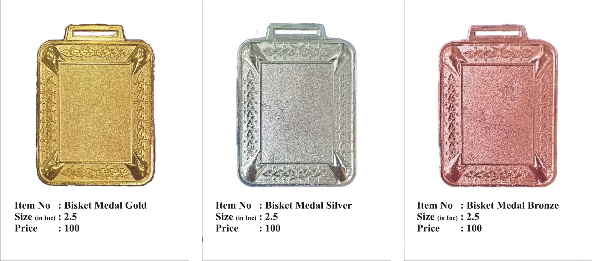 Gold silver and bronze athletic medals