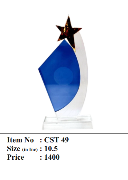 Blue crystal star award trophy with gold accent. Perfect for corporate awards; employee recognition; or academic achievements.