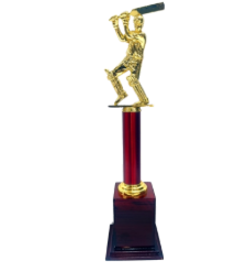 Gold-colored batsman cricket trophy on a maroon and gold base.  A perfect cricket trophy for awards and recognition.