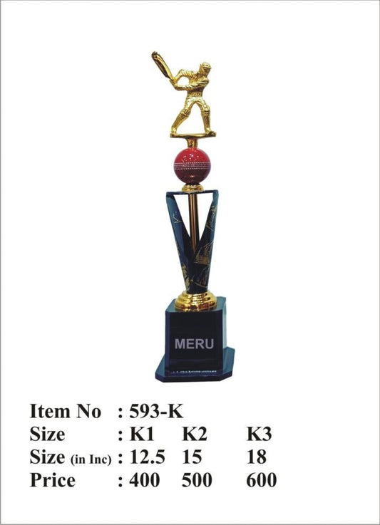Gold batsman Fibre Cricket Trophy with custom medals
