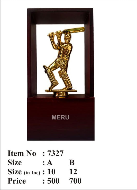 Gold and maroon cricket trophy with batsman figurine inside a wooden frame. Perfect for sports awards and cricket tournaments.