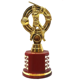 Gold and maroon cricket trophy with batsman figure; perfect as a sports award or cricket trophy.