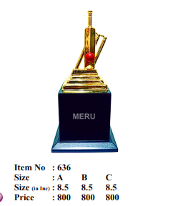 Gold metal cricket trophy with bat; ball; and wickets - perfect for cricket trophies and sports awards.
