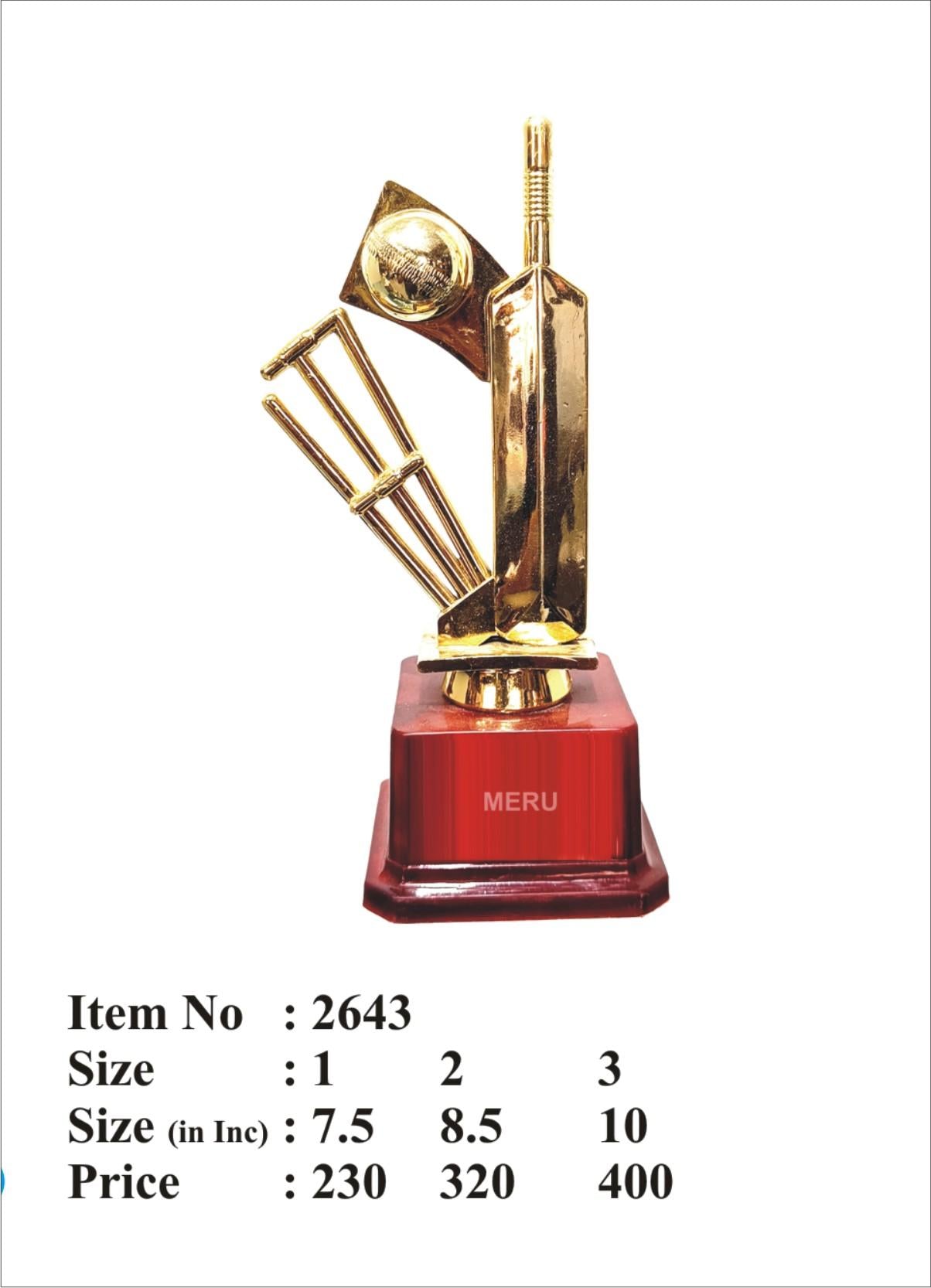 Gold cricket trophy with bat; ball; and wickets - perfect fiber trophy for sports awards.