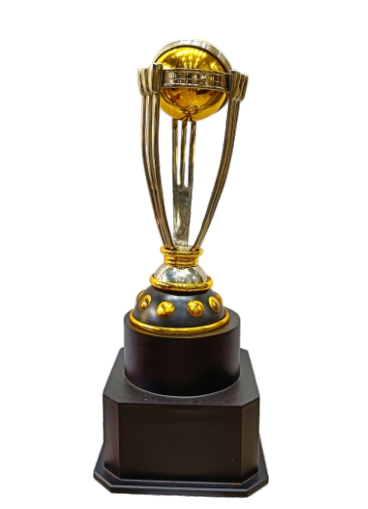 Decorative trophy with gold and black design on a white background