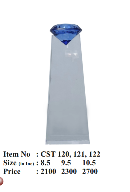 Blue crystal diamond award trophy on a clear crystal base.
