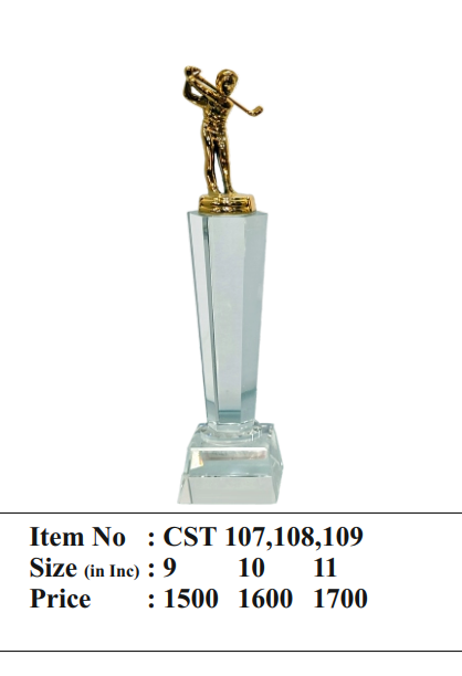 Gold golfer figure on a clear crystal trophy; ideal for sports awards and corporate recognition.