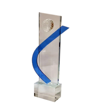 Crystal award with blue ribbon on a white background, featuring item number, size, and price information.