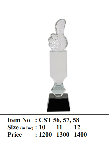 Clear crystal trophy with a thumbs-up hand; perfect for corporate recognition awards.