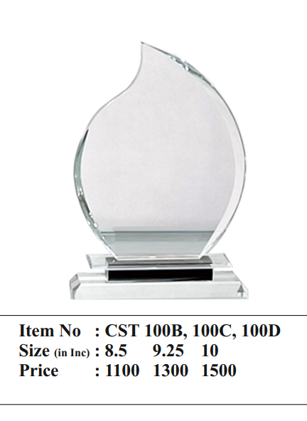 Clear glass award with dimensions and pricing information on a white background
