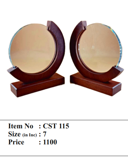 Two wooden coasters with circular designs on a white background, labeled CST 115.