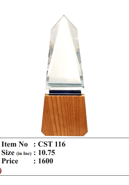 A crystal award with a wooden base on a white background, featuring item number CST 116, size 10.75 inches, and price 1600.