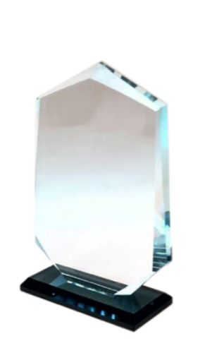 Clear crystal trophy on a black base; perfect for awards and recognition.