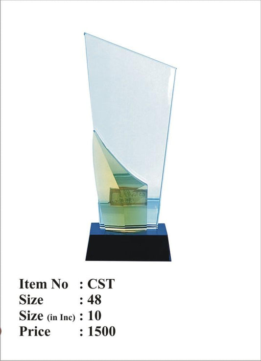 Angled crystal award trophy with amber accent.