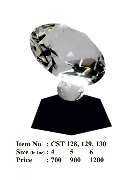 Crystal object on a stand with item number, size, and price information.