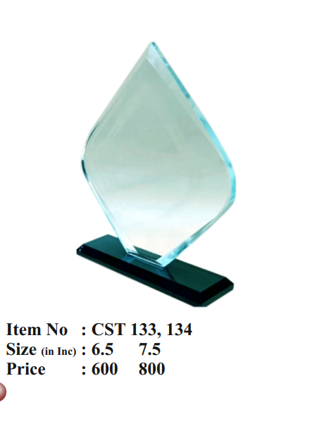 Glass award on a stand with dimensions and price details.