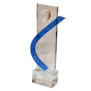 Clear crystal trophy with a frosted glass golf ball; perfect for awards.
