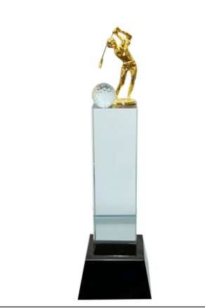 Elegant crystal trophy featuring a gold golfer; perfect for awards ceremonies.