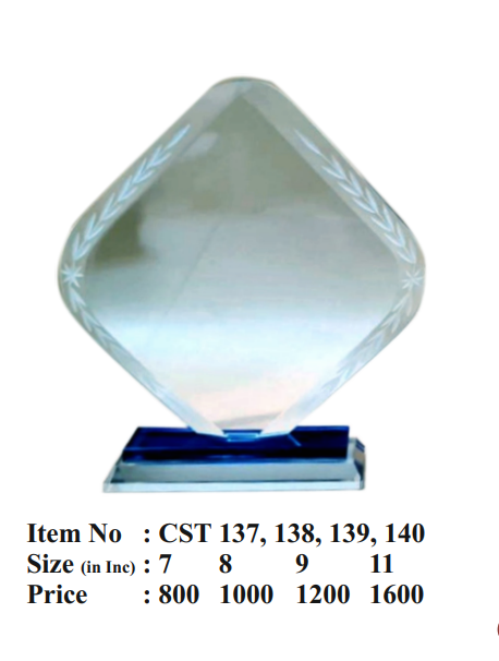 Crystal award with a blue base on a white background, featuring item numbers and pricing.