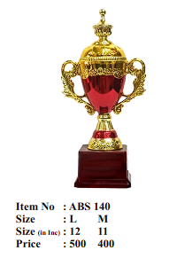 Decorative trophy with gold and red design on a white background