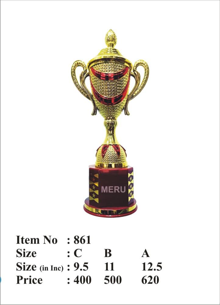 Gold and red fiber trophy cup on a hexagonal base.