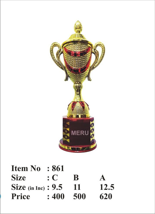 Gold and red fiber trophy cup on a hexagonal base.