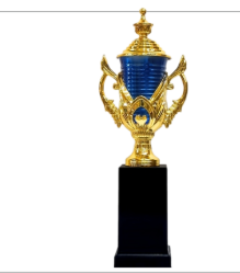 Blue and gold fibre trophy award on a black base. Perfect for academic awards or corporate recognition.