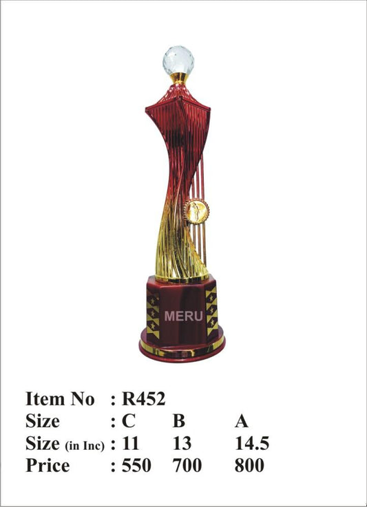 Red and gold swirling fibre trophy with crystal top; perfect for awards and employee recognition.