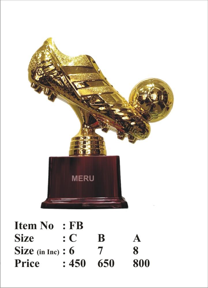 Gold football trophy featuring a soccer cleat kicking a ball; ideal for sports day awards.