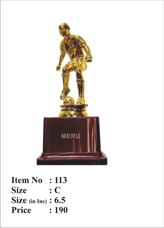 Gold soccer player trophy on a maroon base.