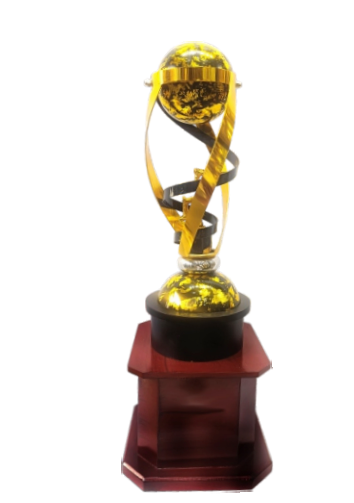 Decorative trophy with a gold sphere on a red base, labeled with item number, size, and price.