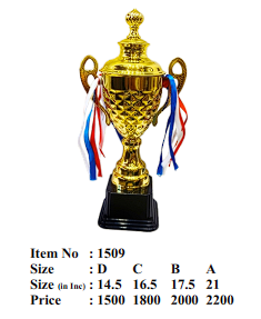 Gold trophy cup with red; white; and blue ribbons; diamond pattern; and ornate handles.